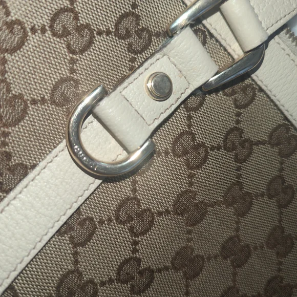 Gucci Authentic Monogram Tote GG Abbey Cream Leather Canvas Medium Bag EUC Chic - Picture 12 of 14